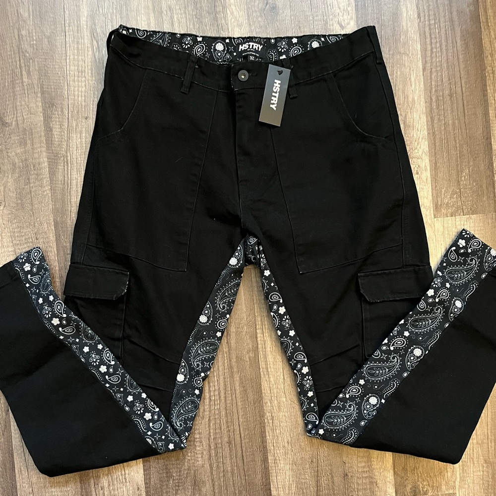 Hstry Black Cargo Pants with Paisley Trim
